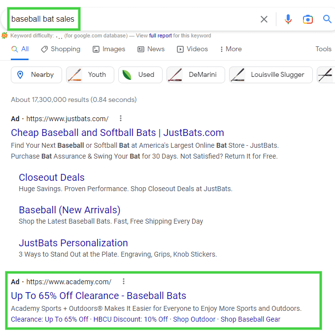 "Baseball bat sales" query on Google.com